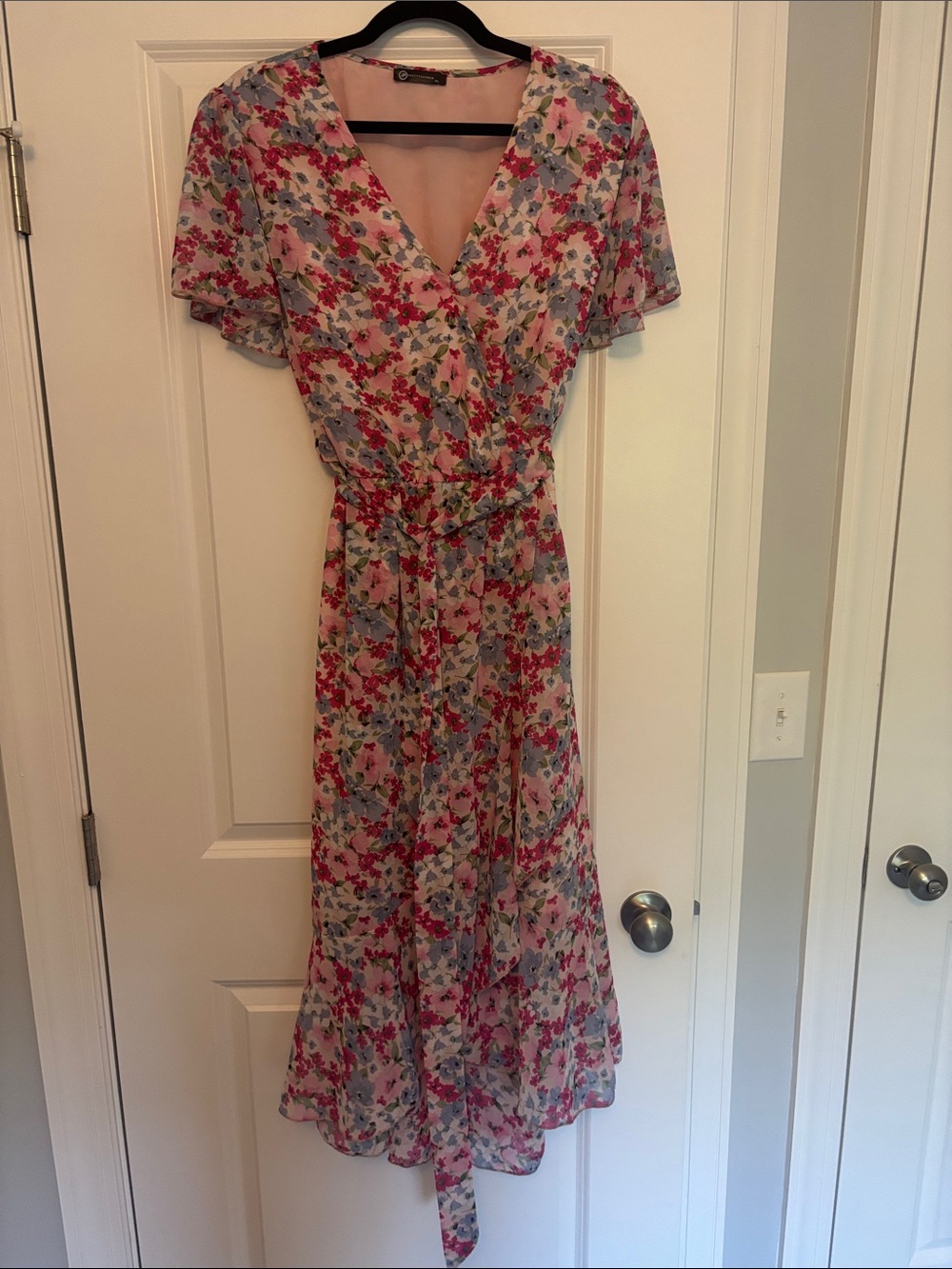 Floral Wrap Midi Dress in Pink and Blue by